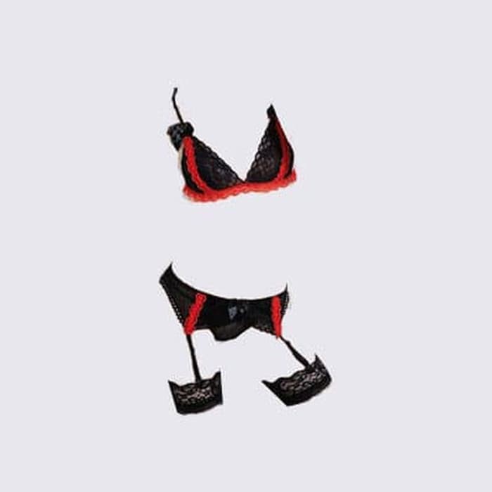 Sexy Lingerie Women  Lace Sleepwear G string Garter Belt Lingerie Set - Hitam