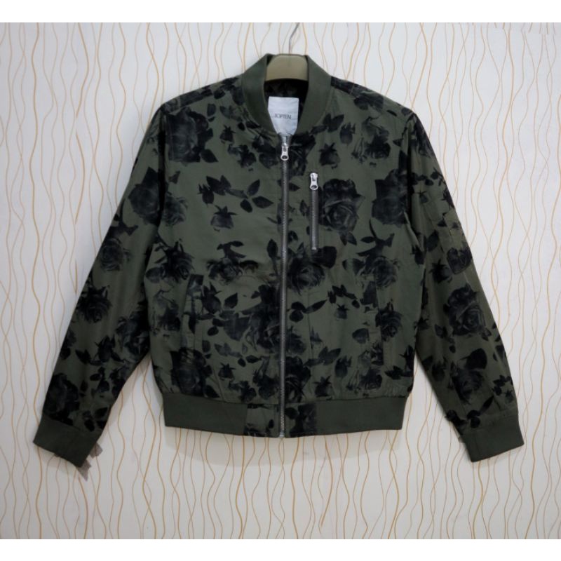 Jaket Cropped Bomber Wanita motif Floral Original Topten Hijau Army