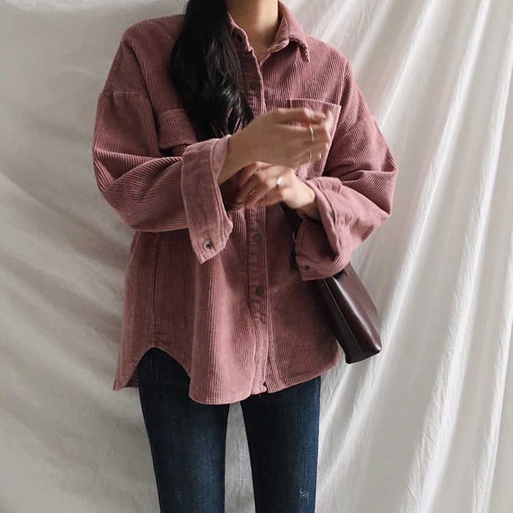 [chaoo.id ]Kemeja korduroi lengan panjang kasual longgar warna solid wanita Korea