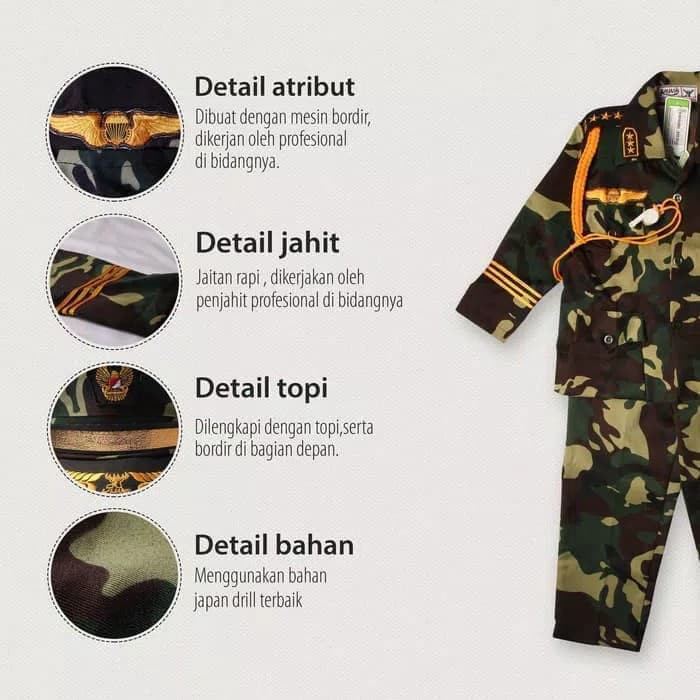 Seragam Profesi Anak ABRI TNI Tentara Kostum Setelan Cowok Kaos Baju Angkatan Darat Kijang