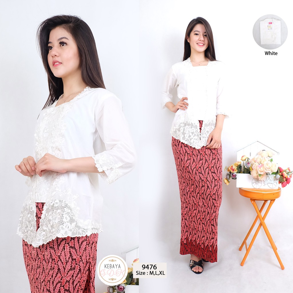 Kebaya Bordir Kutu Baru Putih Lengan 3/4 ( Kode:9476 )