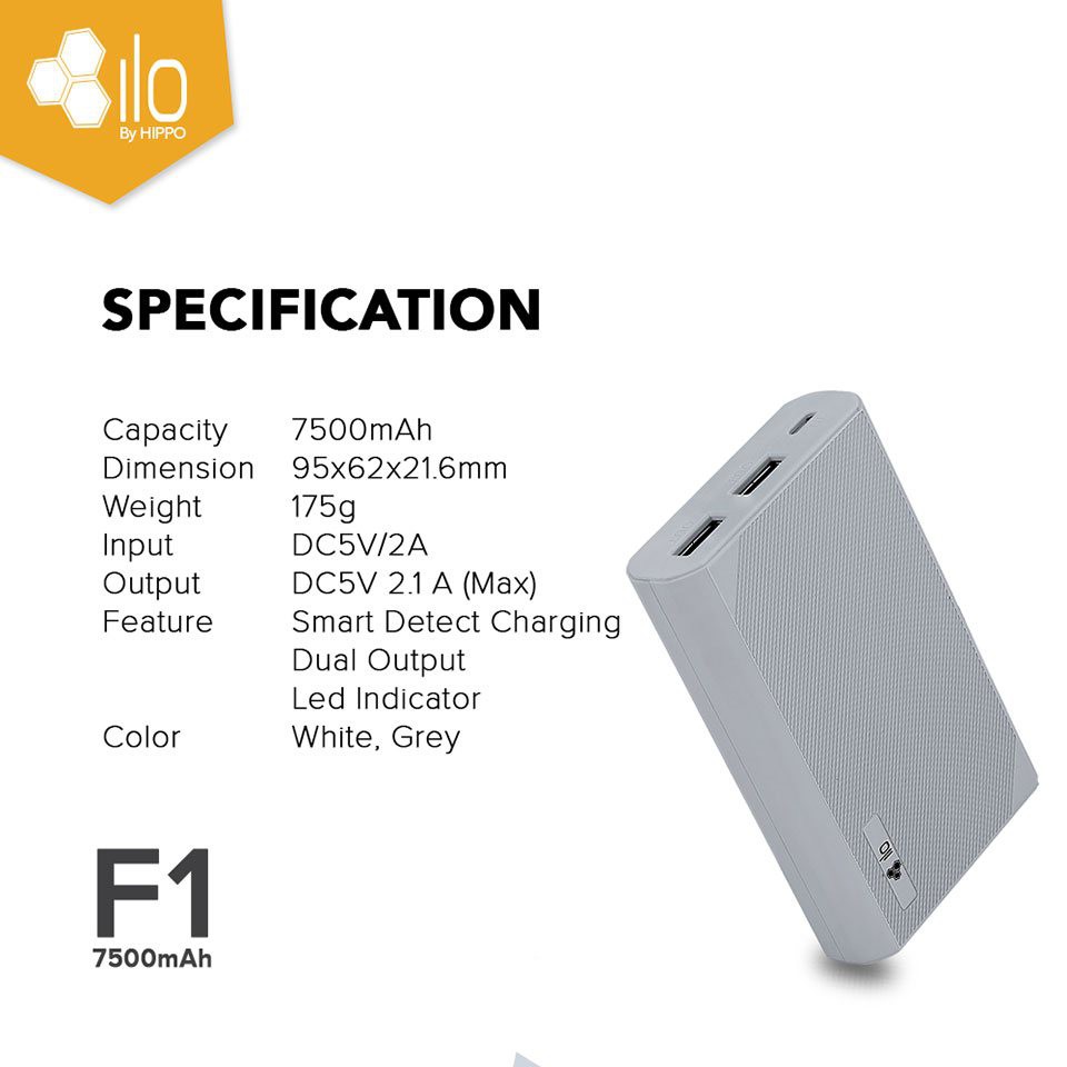 Hippo Power Bank ILO F1 7500MAH Simple Pack 2 Dual Output 2A Powerbank 7500 mAh Original Ori Hipo