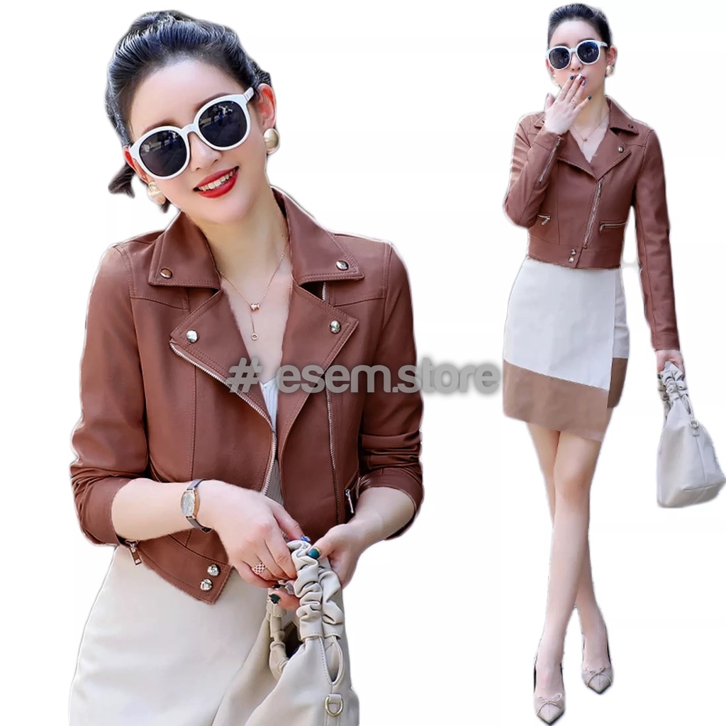 Jaket Crop Wanita Kulit Sintetis - Coklat