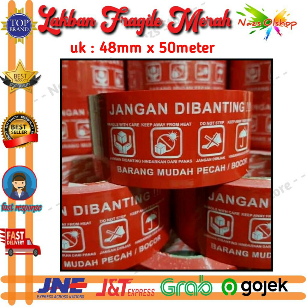 Lakban Fragile merah Goldland Segel Jangan Dibanting 48 mm x 50 meter