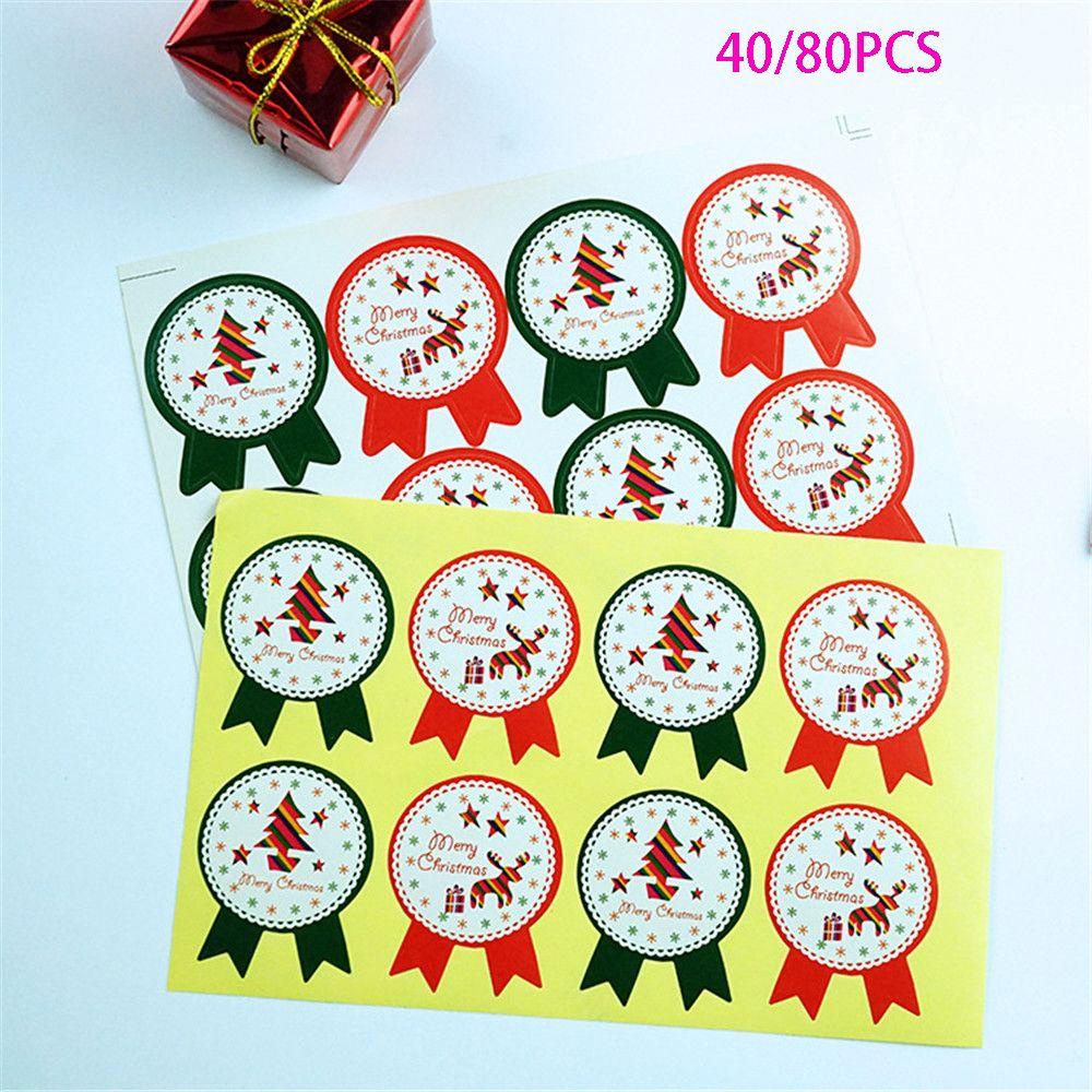 Populer 40/80PCS Kertas Hadiah Stiker Baking Hiasan Perlengkapan Pesta Biskuit Festival Dekorasi Sealing Craft Badge Merry Christmas