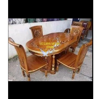 Meja makan meja oval 4 kursi jati ukir Jepara