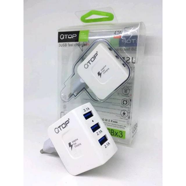 Kepala Charger Qtop Fast Charging 4.2A 3 USB Charger Xiomi Vivo Oppo Samsung