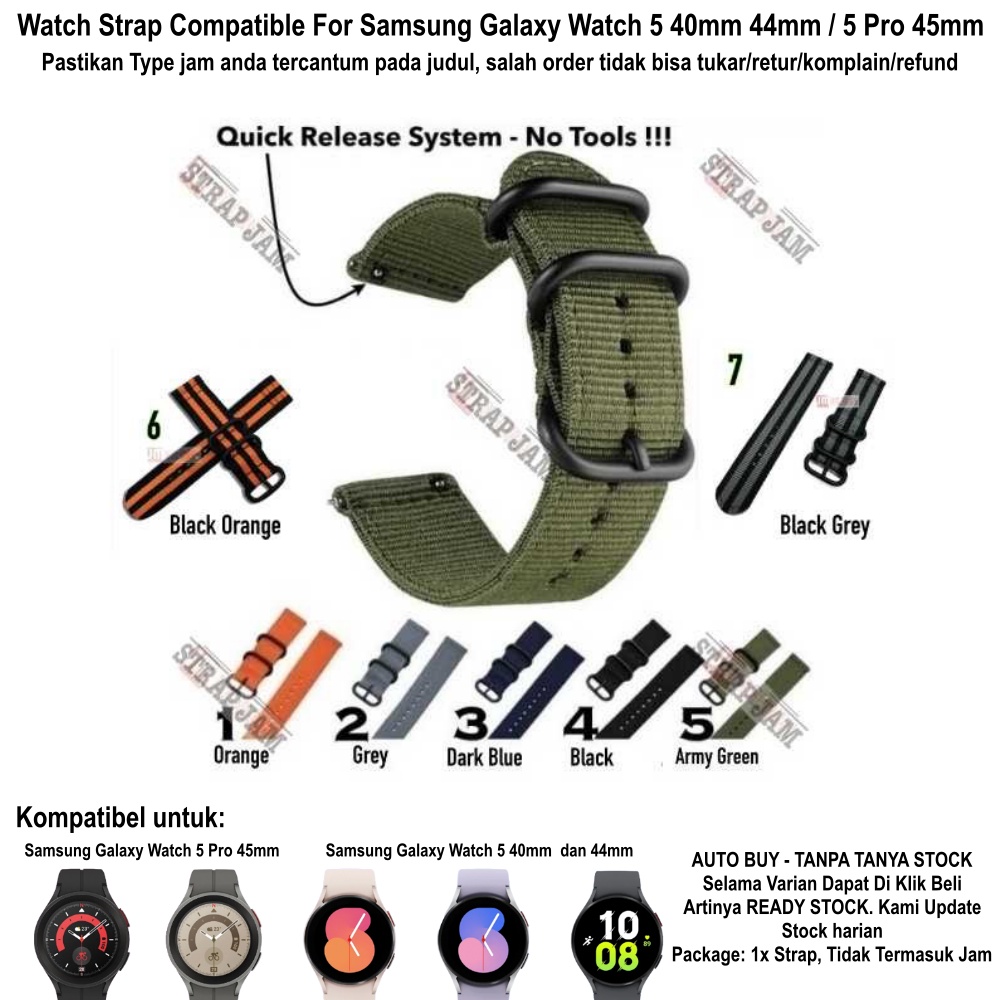 STITCHING Strap Samsung Galaxy Watch 5 40mm 44mm Pro 45mm - Tali Jam 20mm Nilon 3 Buckle Hitam