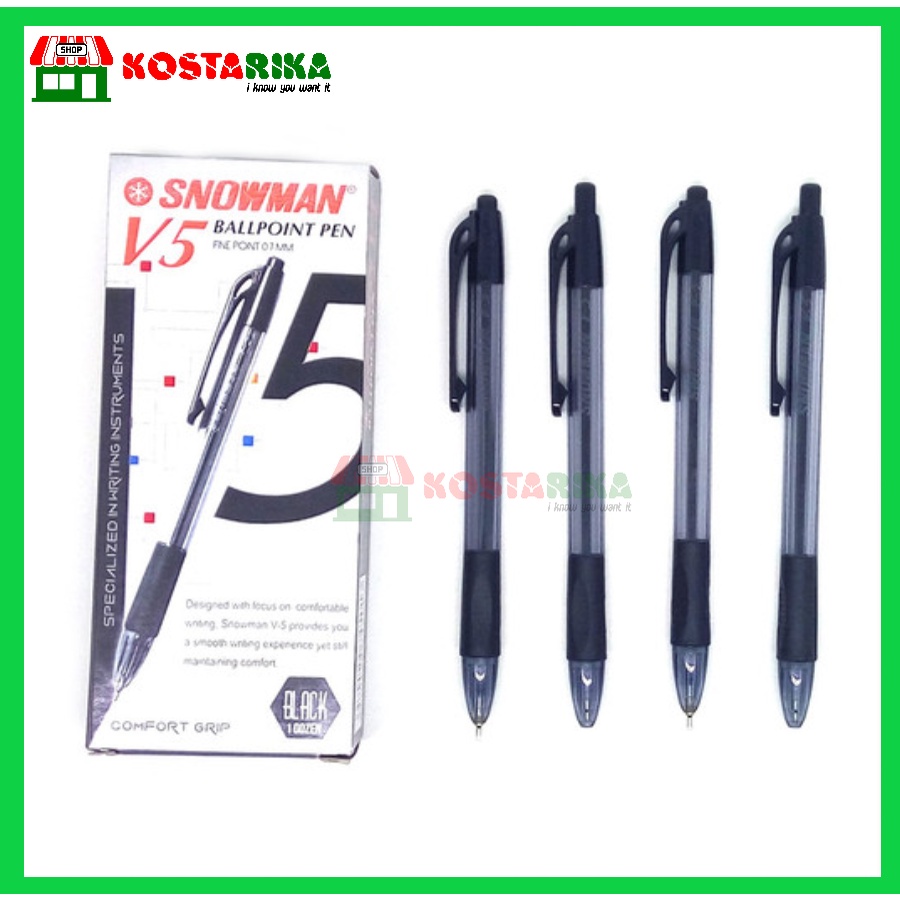 Ballpoint Pena Snowman V5 Pulpen Tinta Hitam dan Biru satuan