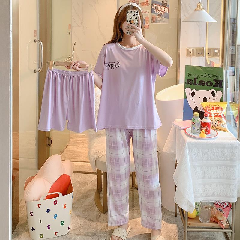 AJW Shop Piyama 3 in 1 | Piyama Lengan Pendek | Baju Tidur Impor | Baju Tidur 3in1-Happy Ungu