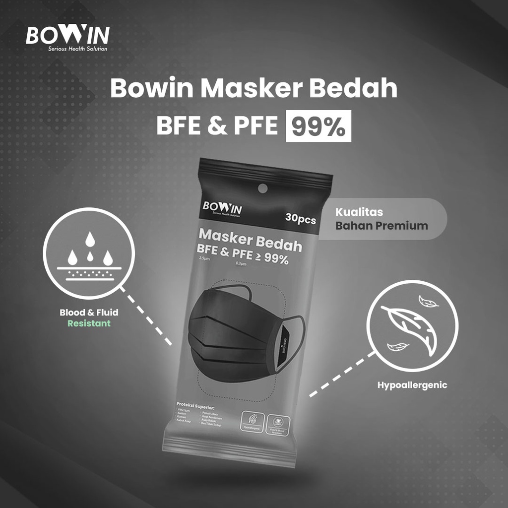 BOWIN MASKER BEDAH ~ Kemasan BARU!!! (Masker Medis/Surgical/Disposable/Earloop) BFE PFE 99% (KEMENKES RI AKL/AKD)