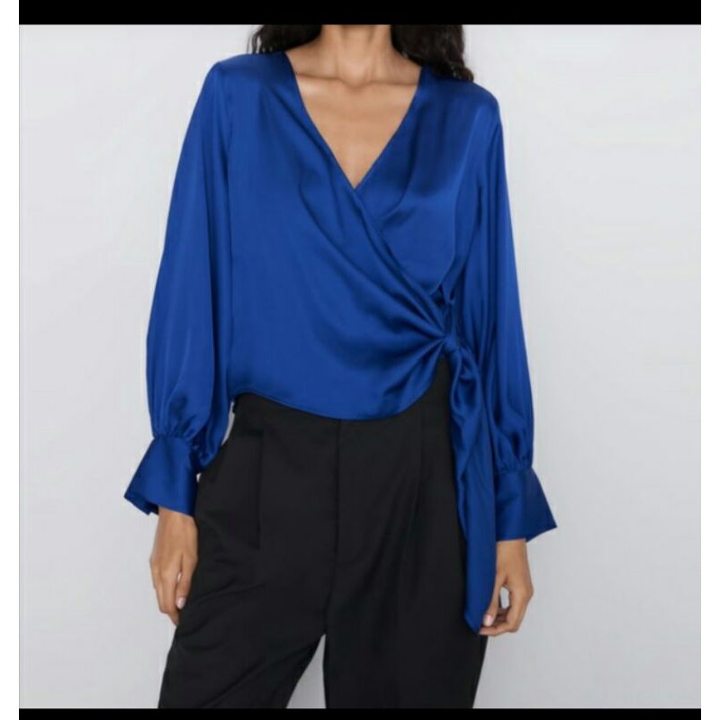 Zara Blue Satin/ &amp; Polyester Wrap Blouse Original Branded