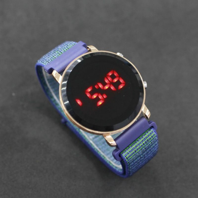 Jam Led kanvas bulat free gift box-Biru KNV BLT ROSE