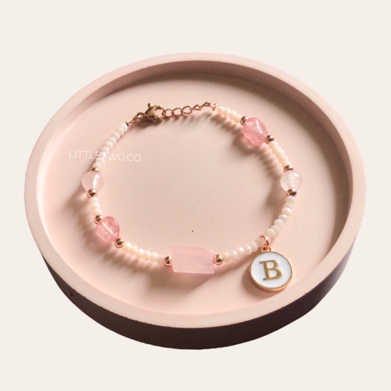 LITTLE TWO  Gelang Batu Rose Quartz Aquamarine Prehnite (free 1 huruf) - GYA Gelang Wanita Stainless Steal Anti Karat