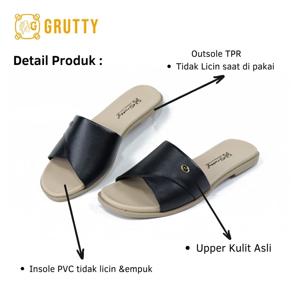 Sandal Wanita Flat Kulit Asli Slide Sandal Teplek Grutty DD120 Hitam