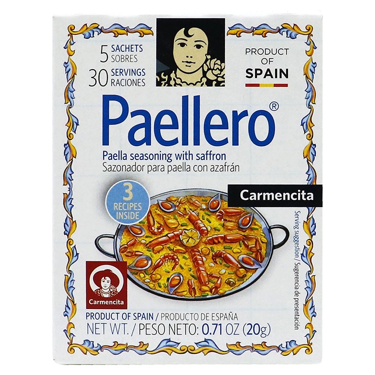 

Carmencita Paellero Paella Seasoning with Saffron Bumbu Nasi Paella Spanish Rice Seasoning Mix 1 Box (5 Sachet)