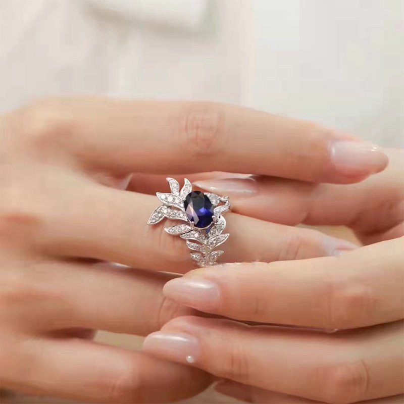 Cincin Bentuk Daun Geometris Bahan Cubic Zircon Warna Biru Gaya Korea Untuk Wanita