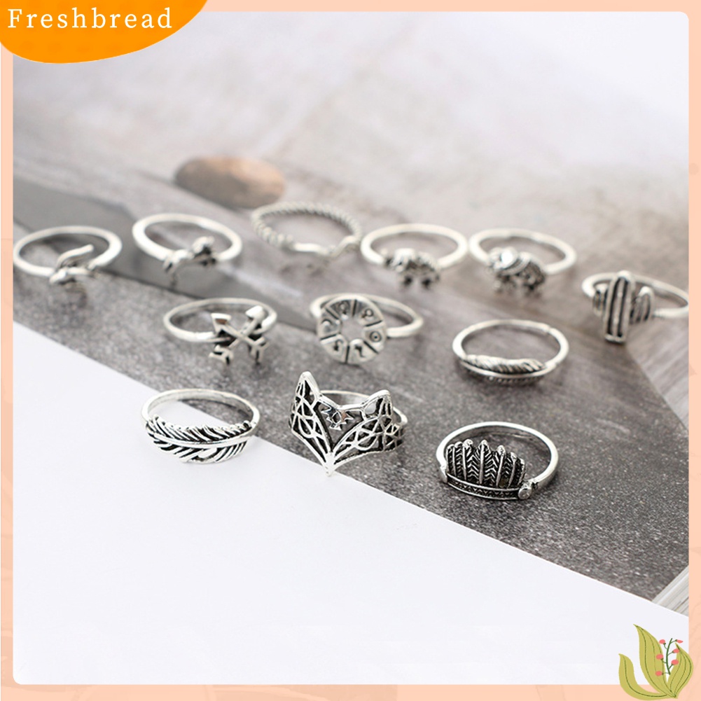 [TERLARIS]12Pcs/Set Leaf Fox Elephant Design Rings Lady Vintage Knuckle Midi Stacking Ring