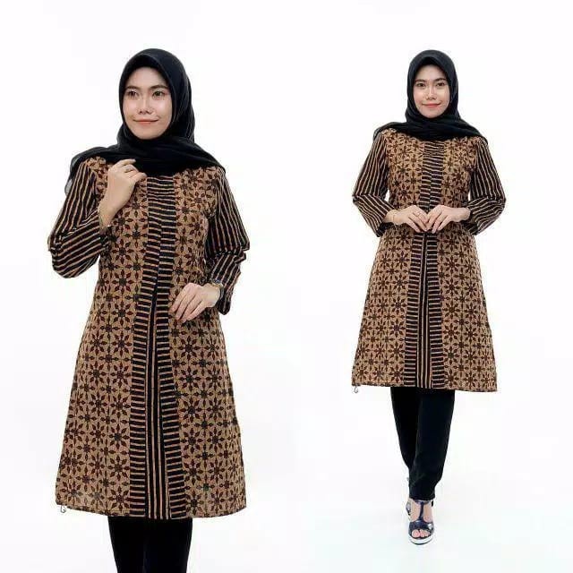 COD - Tunik batik wanita lawasan coklat kekinian M L XL XXL Jumbo-4