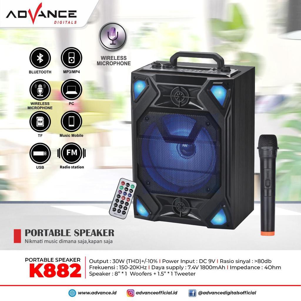 ADVANCE K-882 PORTABLE SPEAKER FREE MIC WIRELES SUARA MANTAP