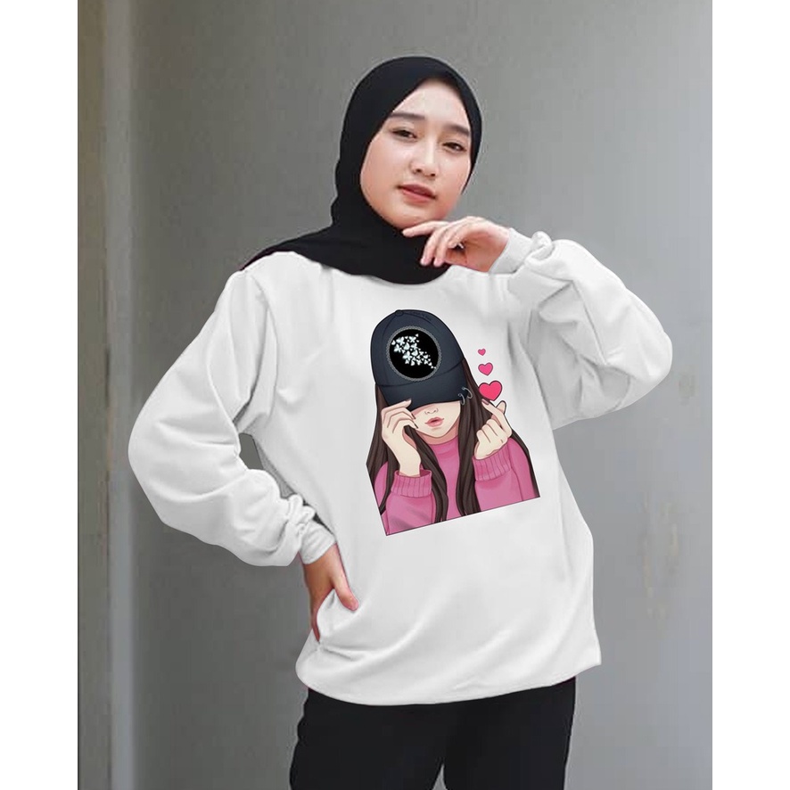 Kaos Lengan Panjang DTF CEWEK TOPI / Kaos Sweatshirt / Atasan Wanita / Atasan Wanita Lengan Panjang