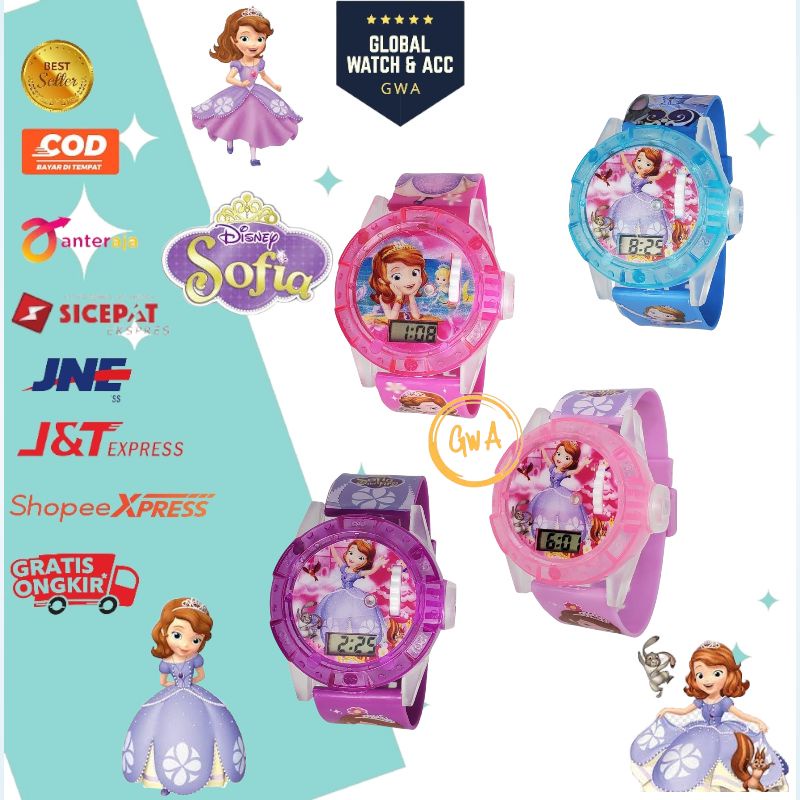 Jam tangan anak laser musik karakter Frozen Hello kitty Sofia