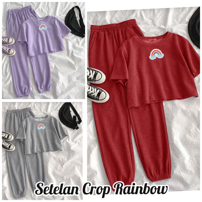 Baju Setelan Anak Remaja Umur 15 - 17 Tahun Crop Rainbow Pelangi