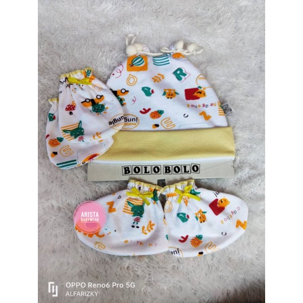 SNI BOLOBOLO - SET topi+Sartaki bayi PUTIH MOTIF