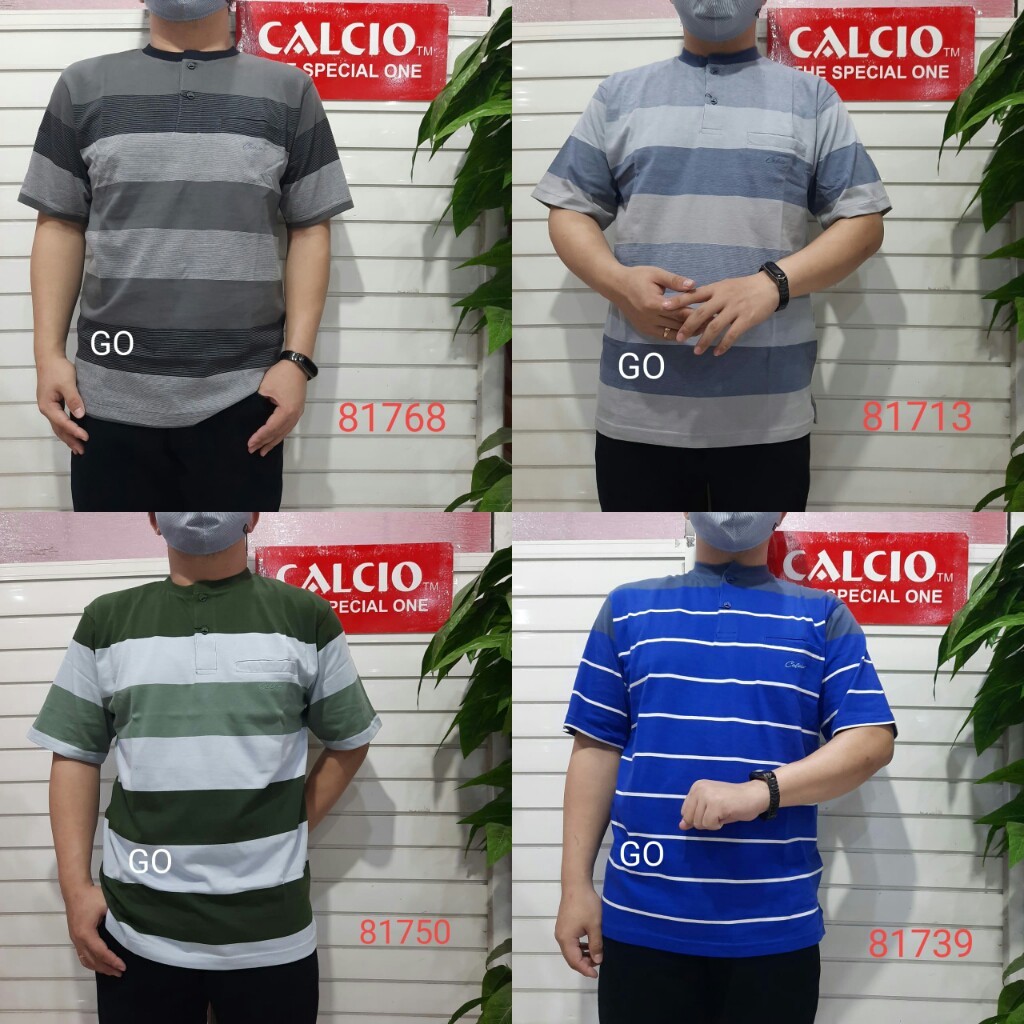 gof L CALCIO OBLONG KANCING Kaos Pria Laki-Laki Oblong Garis-Garis Lengan Pendek Saku Salur