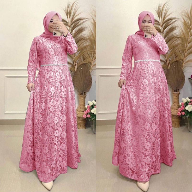 Yunay Dress Model Baju Pesta Gamis Full Brukat Modern Terbaru 2022 JUMBO LD 120 Tille Memutar Depan 