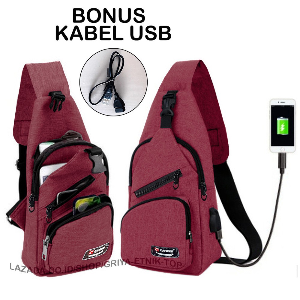 Tas Selempang Pria Port USB Bonus Kabel USB Cancer - Tas Slempang Pria - Slingbag Pria