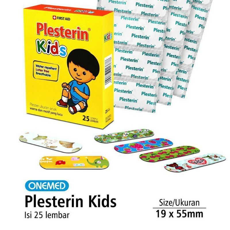 1box isi 25pcs Plesterin Kids, plester untuk anak-anak dengan warna dan motif lucu - Bahan PE yang lentur  - Berpori sehingga kulit tidak lembab - Ukuran plester 19 x 55mm - isi 25pcs/box ( motif campur ) - Latex Free