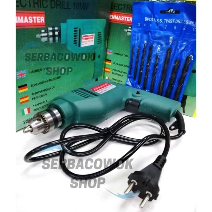 Mesin Bor Listrik Bor Tangan Kenmaster 10 Mm Plus Mata Bor Set Besi