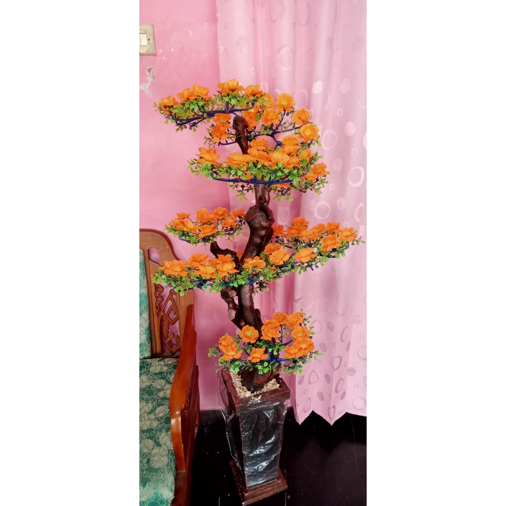 Artificial bunga hias bonsai sudut ruangan besar semanggi oren 140 cm plus pot