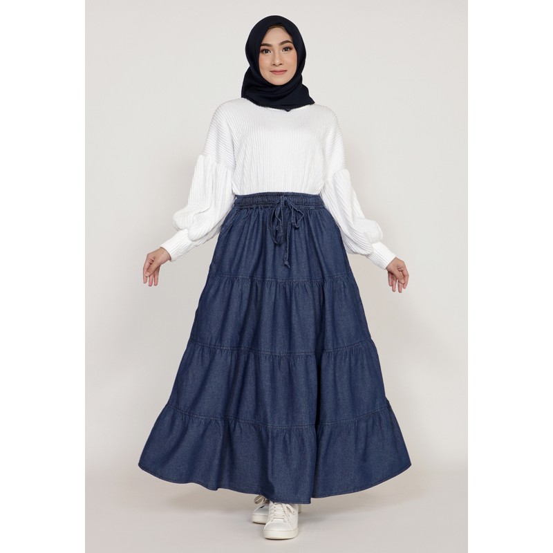 Jual Rok Panjang Jeans Susun Tingkat Fit Xl Zahra Signature Long Skirt Denim Aurora Indonesia