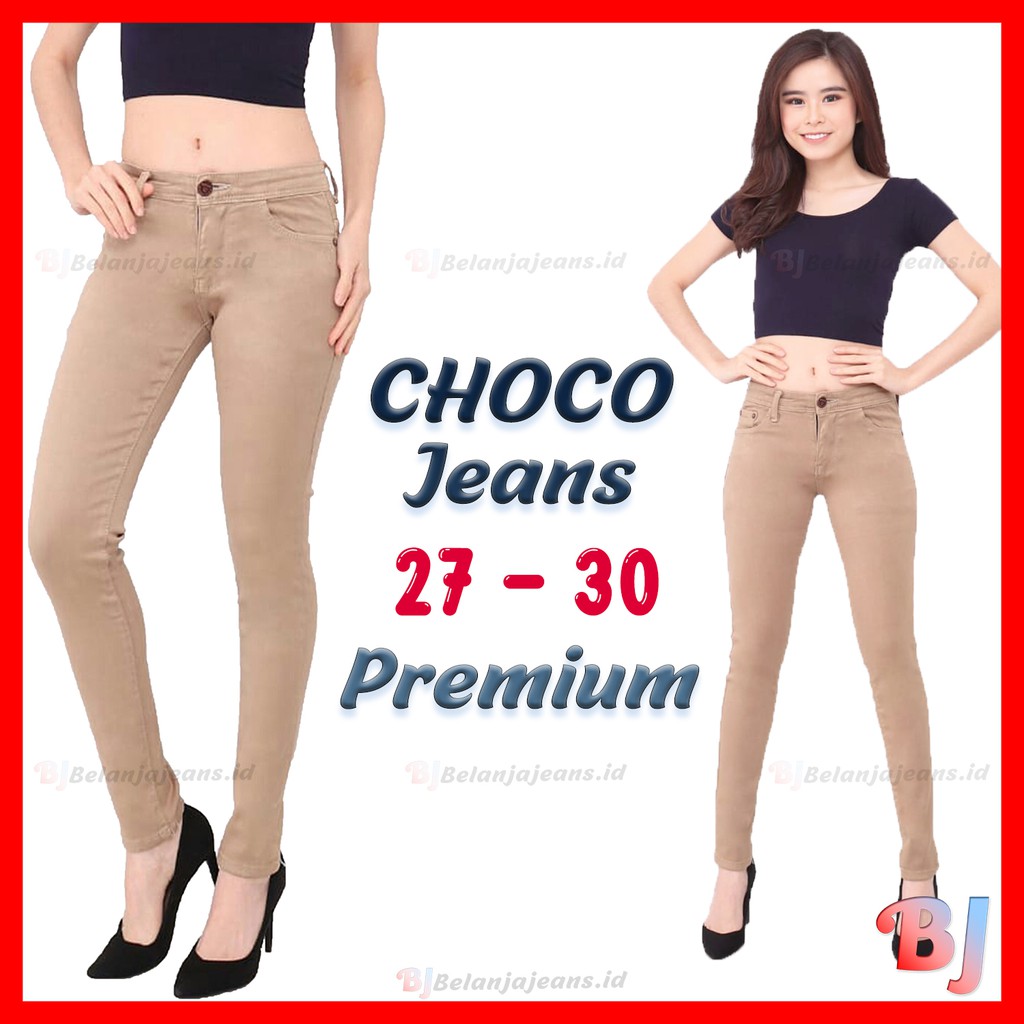 (COD) CELANA SOFT JEANS PREMIUM CHOCO COKLAT SKINNY PANTS WANITA PANJANG CREAM KREM CEWEK MUDA MELAR