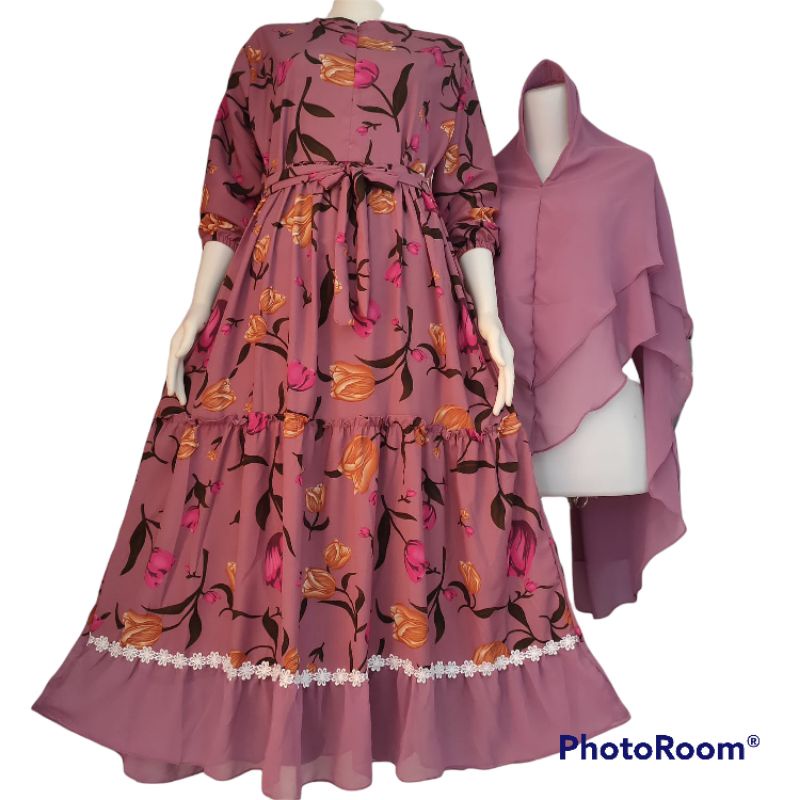 PROMOGamis set hijab Monalisa premium motif bunga tulip renda melati kerudung ceruty 2 layer busui