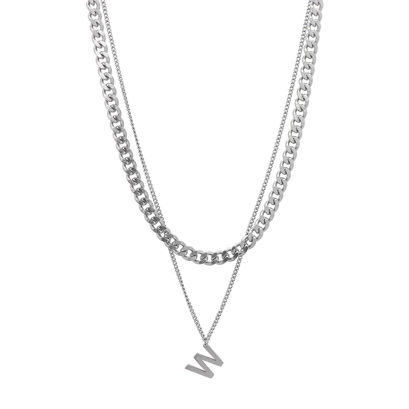 Kalung Rantai Ganda Desain Huruf W element Serbaguna Untuk Wanita