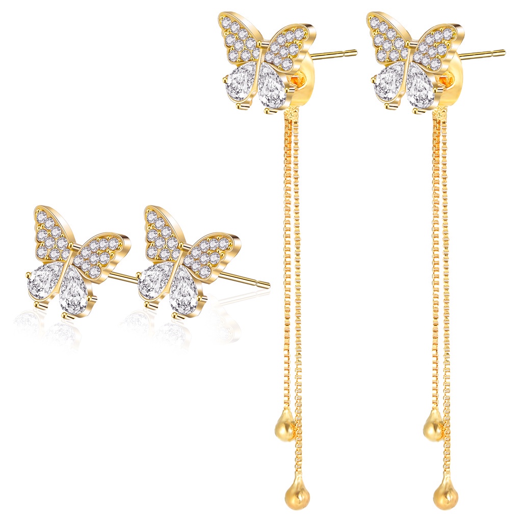 Fancyqube Anting Stud Zircon Berlian Imitasi Bentuk Kupu-Kupu Gaya Punk Korea Untuk Wanita