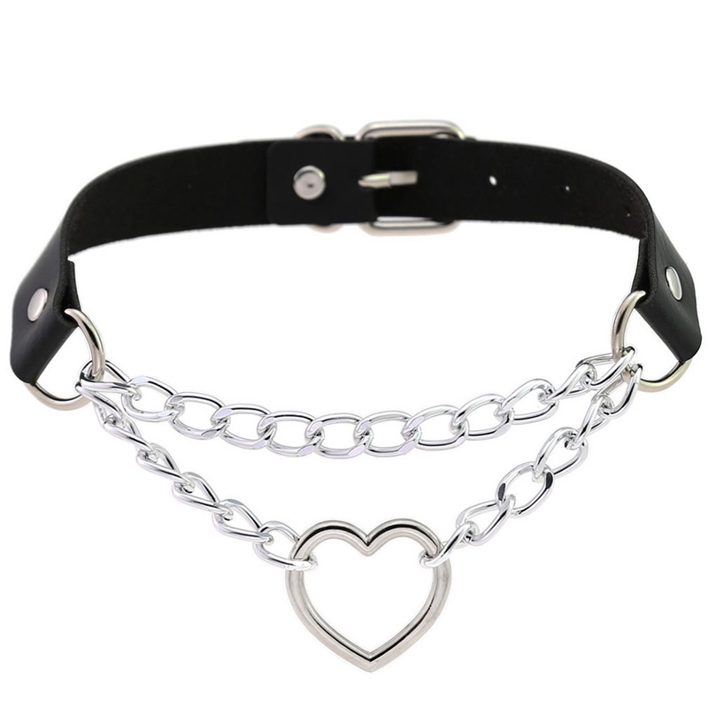 Gothic Punk Leather Choker Heart Pendant Chain Buckle Collar Necklace Jewelry