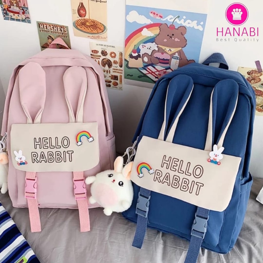 HANABI - Tas ransel sekolah HELLO RABBIT + PATCH tas wanita tas remaja murmer