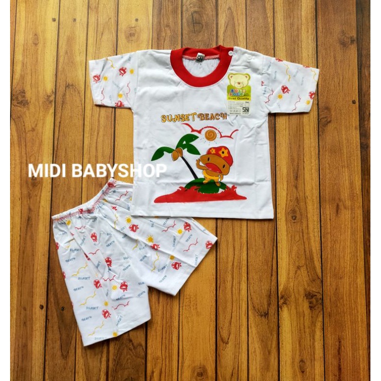 Setelan Piyama Baju Bayi Pendek Kancing Pundak 3-18 Bulan Bolo Bolo Motif Sunset Beach