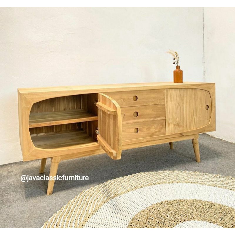 BUFET TV RETRO MINIMALIS PAJANGAN RUANG TAMU BAHAN KAYU JATI TPK FINISHING NATURAL-1
