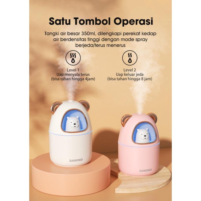 Samono 350ML Mini Air Humidifier Teddy Bear Bisa Tambah Pewangi Design Ergonomis SW-HU40 Putih Pink