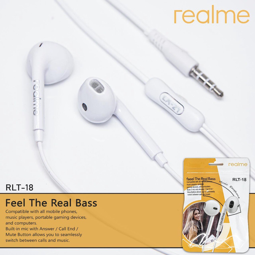 HEADSET HANDSFREE EARPHONE HF REALME RLT-18 SUPER BASS NON KARET PACKING PLASTIK KLIP KUALITAS PATEN