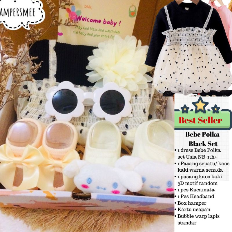 HAMPERSMEE SET PREMIUM - HAMPERS BAYI HAMPERS BABY KADO BAYI BABY GIFT HADIAH KELAHIRAN NEWBORN MURAH HEMPERS BAYI PARCEL BAYI BARU LAHIR-Bebe polka black