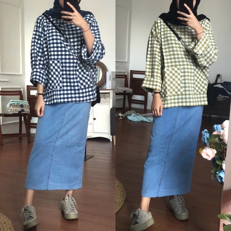 Irli Blouse Bahan Crinkle / Atasan Motif Kotak-Kotak