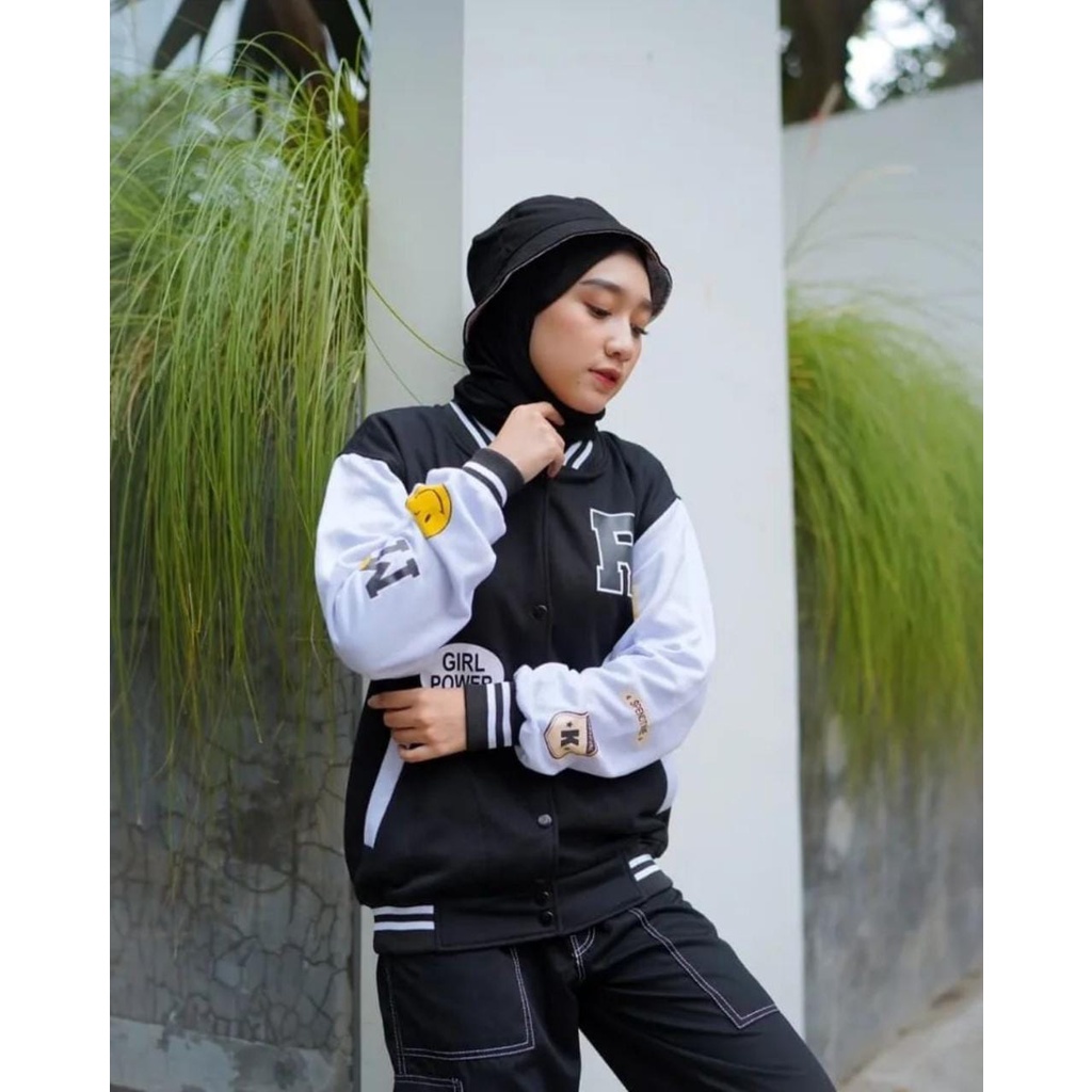 R SMILE VARSITY FULL BORDIR OVERSIZE  BASEBALL JACKET | BISBOL JAKET GIRL POWER BORDIR-HITAM SABLON
