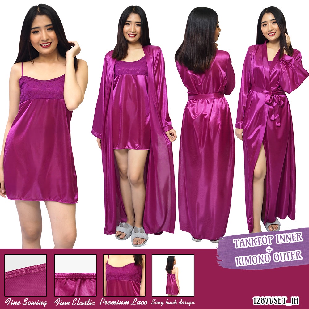 FOLVA kimono set baju tidur satin 1287VSET ungu all size