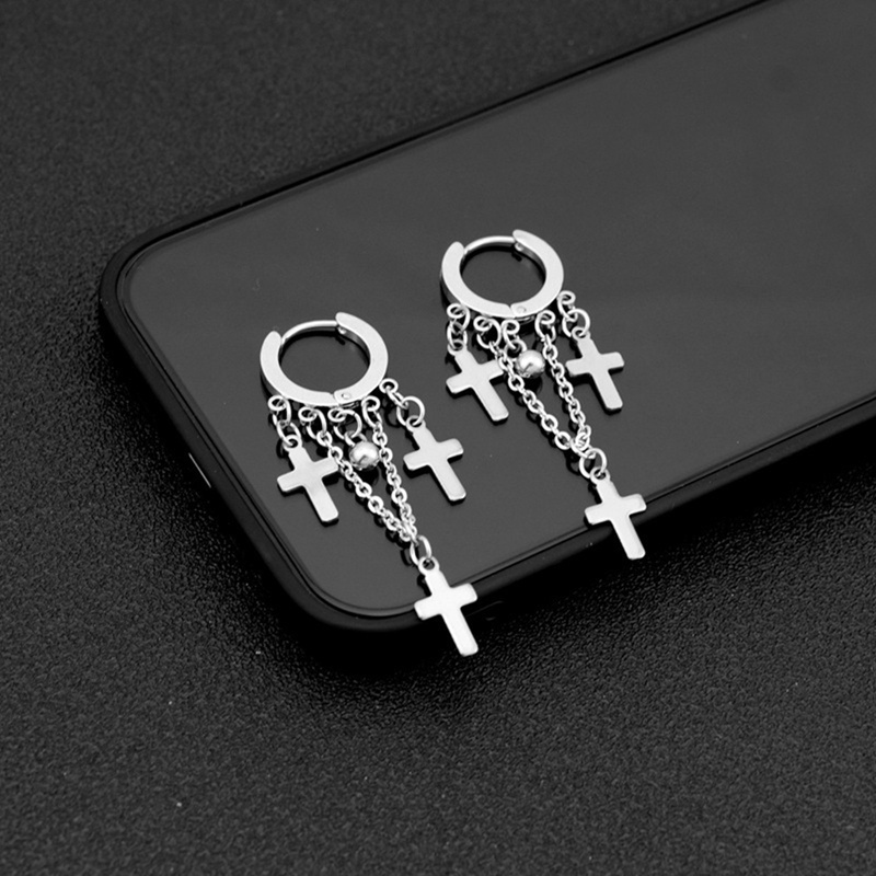 Fancyqube Anting Tindik Palsu Bahan Stainless Steel Bentuk Salib Aksen Rantai Rumbai Untuk Pria Dan Wanita